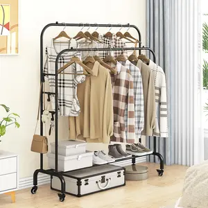 Garment Rack with Wheels Clothing Rack for Hanging Clothes Multi-functional Bedroom Clothes Rack Metal Organiser Shoe Hangable Hanger Stand