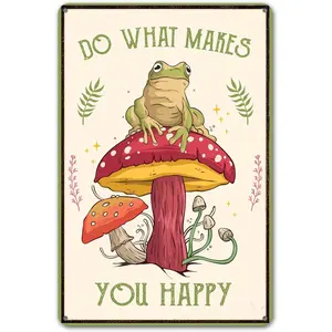 Funny Frog Mushroom Decor Metal Sign: Cute Cottagecore & Forest Decor For Bathroom, Kitchen, Bedroom, And Home, 12 X 8 Inch