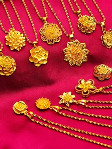 Floral Necklace Vietnam Sand Gold Court Style Pendant Wave Pattern, Elegant Jewelry Gift for Girlfriend, All Seasons Wearable