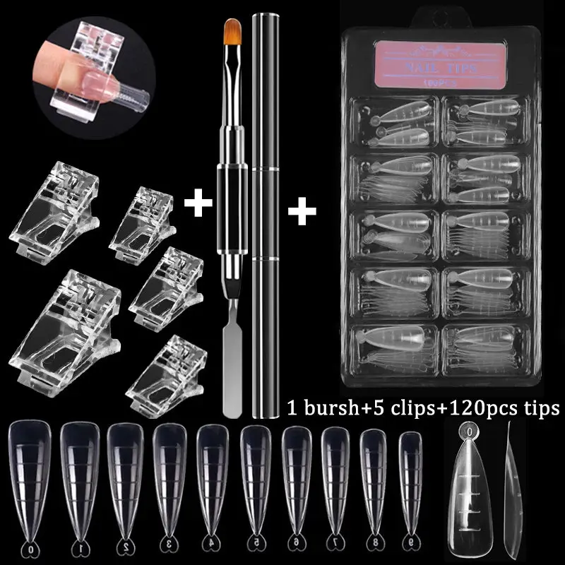Acrylic Nail Tips Extension Kit | UV Gel False Nails + Clips & Brush