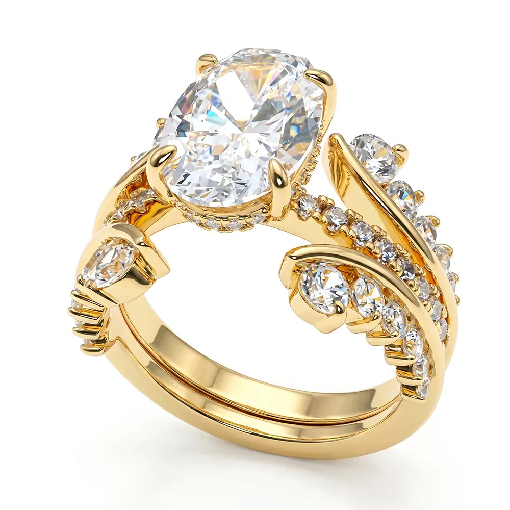 3.5CT Oval Eco Diamond 2-Piece Interlocking Ring Set Elegant Botanical Leaf Stacking Jewelry