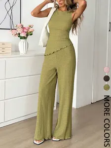 Women's Casual Two-Piece Set, Round Neck Ruffle Top + Flowy Wide Leg Pants, Slim-Fitting Fashion Suit, Plain Pattern Outer Vest, Outfits