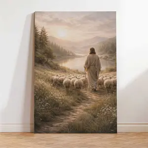 Good Shepherd Modern Canvas Wall Art, Christian Shepherd Artwork, Faith Landscape Poster, Jesus With Sheep Wall Decor, Christian Home Decor