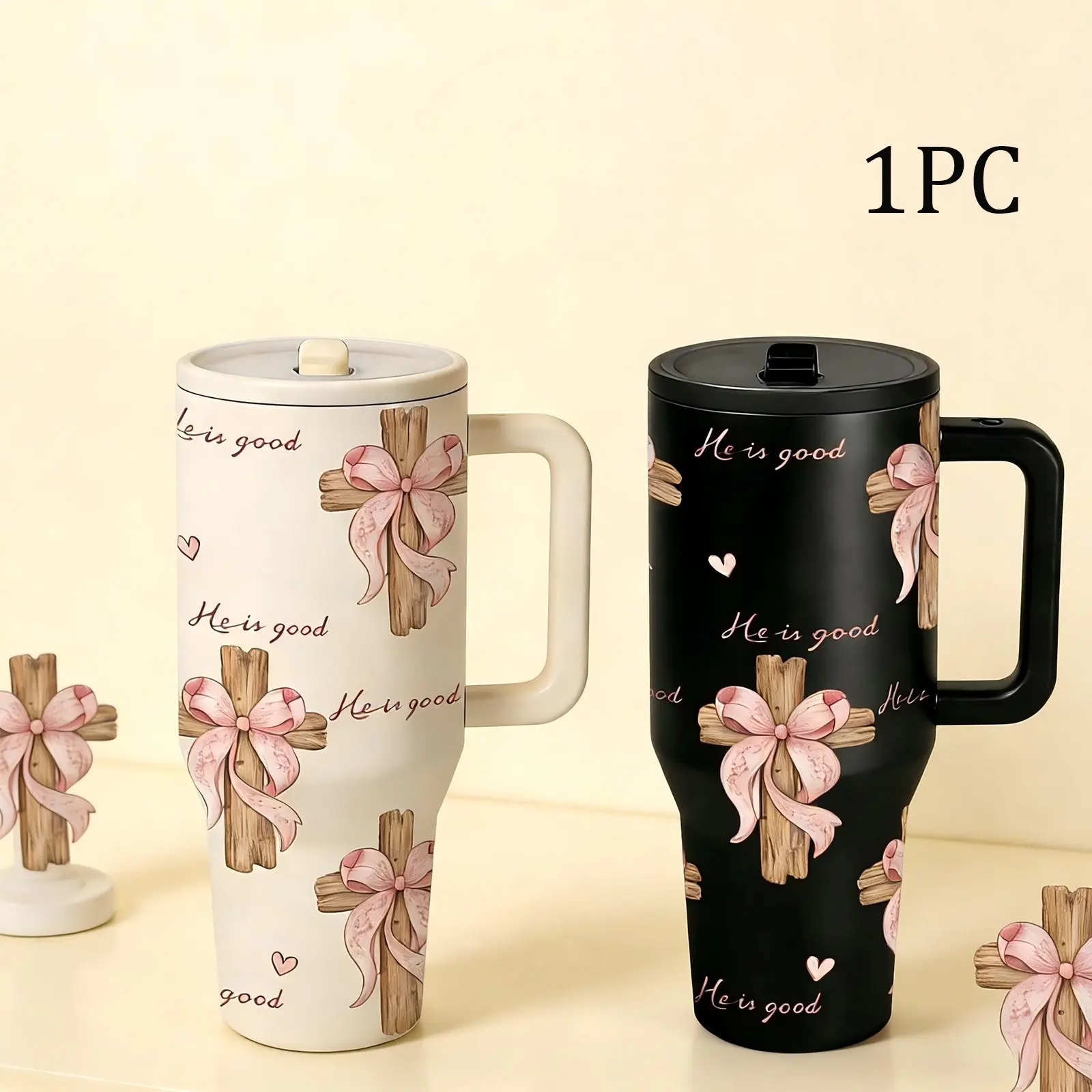 40oz Christian Faith Insulated Tumbler Mug with Handle and Straw Lid, He Is Good Cross and Pink Bow Print, Double-Wall Vacuum Mug, Vacuum Insulated Cup, for Hot and Cold Drinks, Ice Coffee Tumbler, Large Capacity Car Travel Mug, Ideal Gift for Believers