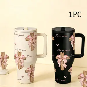 40oz Christian Faith Insulated Mug with Handle and Straw Lid, He Is Good Cross and Pink Bow Print, Double Wall Vacuum Thermal Mug for Hot and Cold Drinks, Large Capacity Car Travel Mug, Ideal Gift for Church Friends and Believers Tumbler