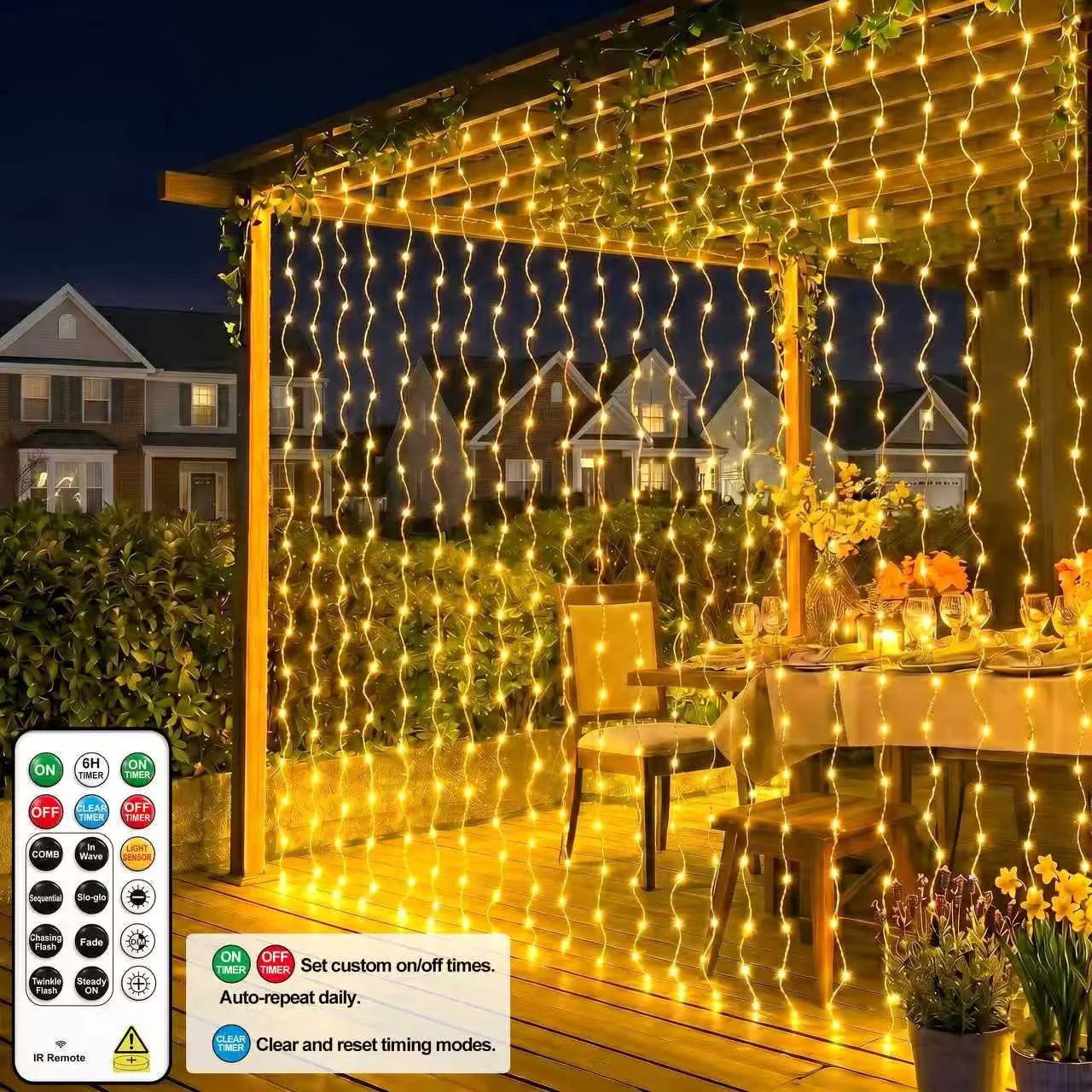 [USA Stock] HXWEIYE LED Curtain String Lights, 300LED Fairy Lights 9.8×9.8Ft Warm White, USB Plug-in with Remote, 8 Lighting Modes, Adhesive Hooks Included, Room & Ambient Interior Lighting for Wedding, Party (Home Improvement Decor)