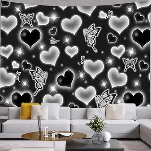 Cute Black and White Heart Tapestry Fantasy White Butterfly Aesthetic Tapestry Hippie 2000s Y2K Teen Girls Tapestries Wall Hanging for Women Nursery Bedroom Living Room Bedroom College Dorm Eilish Flag Decoration Items Diy Decorative