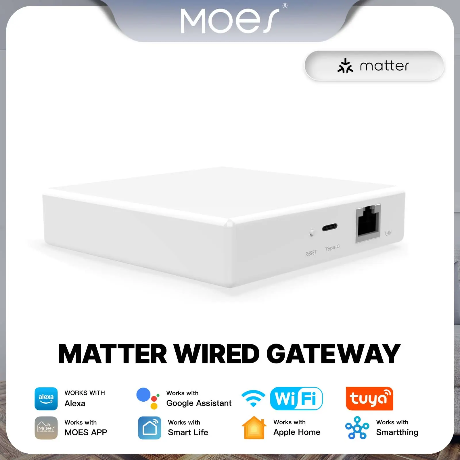 MOES Tuya Matter ZigBee Smart Home Gateway with Ethernet, Wired Bridge Hub, 2.4GHz WiFi, Voice Control, Local Storage, Multi-Platform Support for SmartThings, HomeKit, Smart Life, Scene Linkage, Timer Countdown