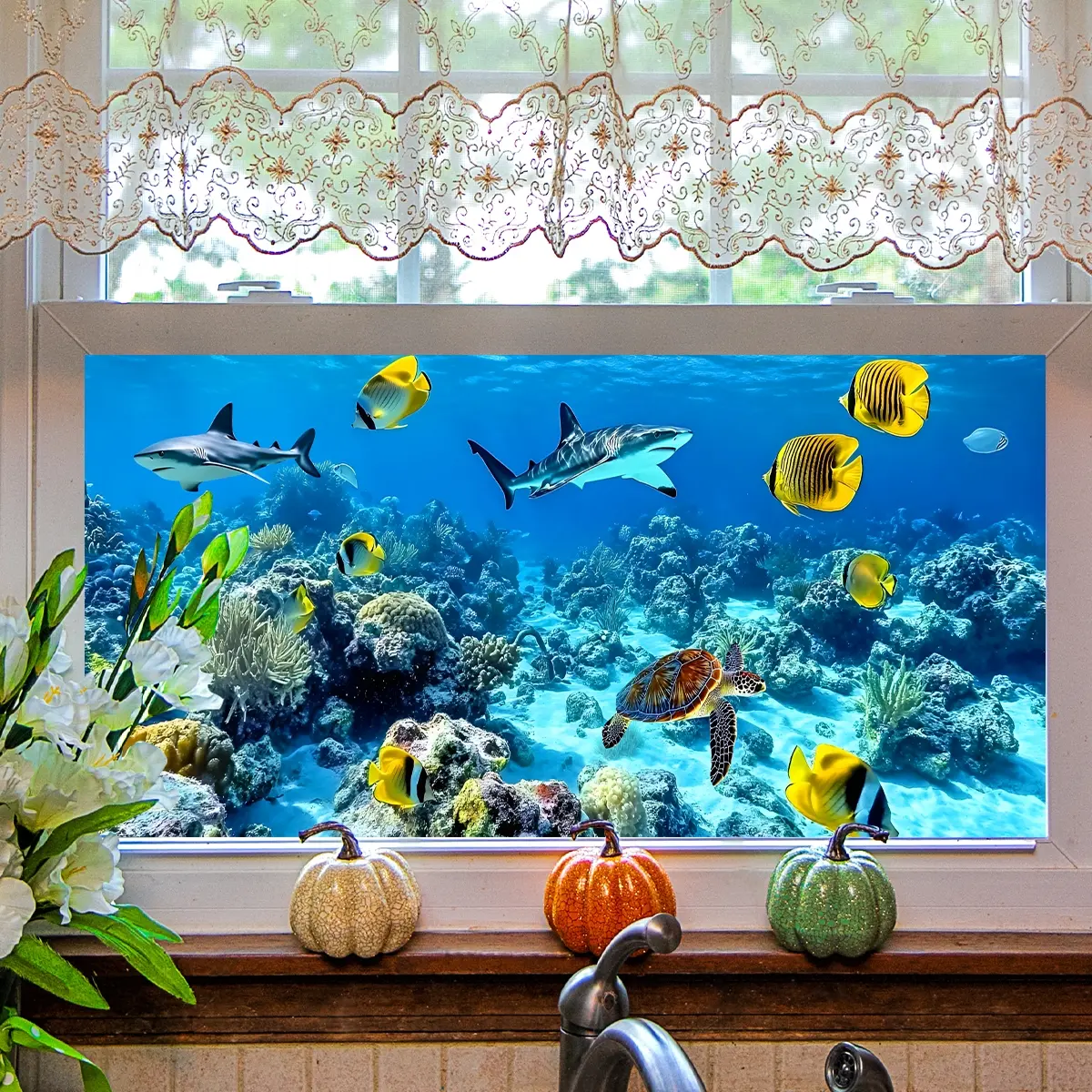 Underwater World Static Cling Glass Sticker, Decorative Decal, Decorative Stickers, Double-Sided Visible Decorative Film for Window Decoration Fish Tank Decoration, Ocean Stickers