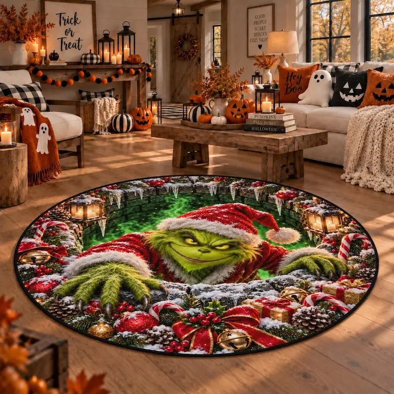 3D Printed Green Monster Christmas Door Mat, Round Fleece Holiday Rug, Festive Front Door Decor, Seasonal Home Accent