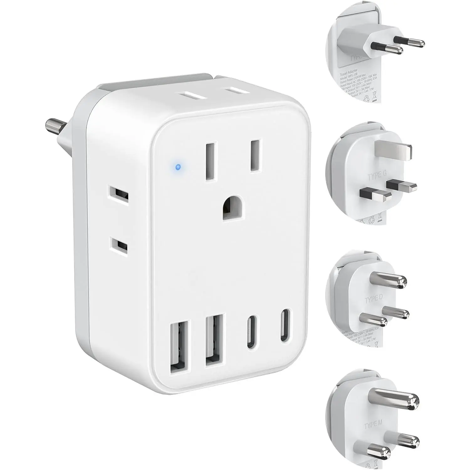 Travel Adapter Set, European Travel Plug Adapter 4 AC Outlets 4 USB Ports (2 USB C), US to UK/EU/South Africa/India, Universal Travel Adapter Kit Include Type G/C/M/D Detachable Plug
