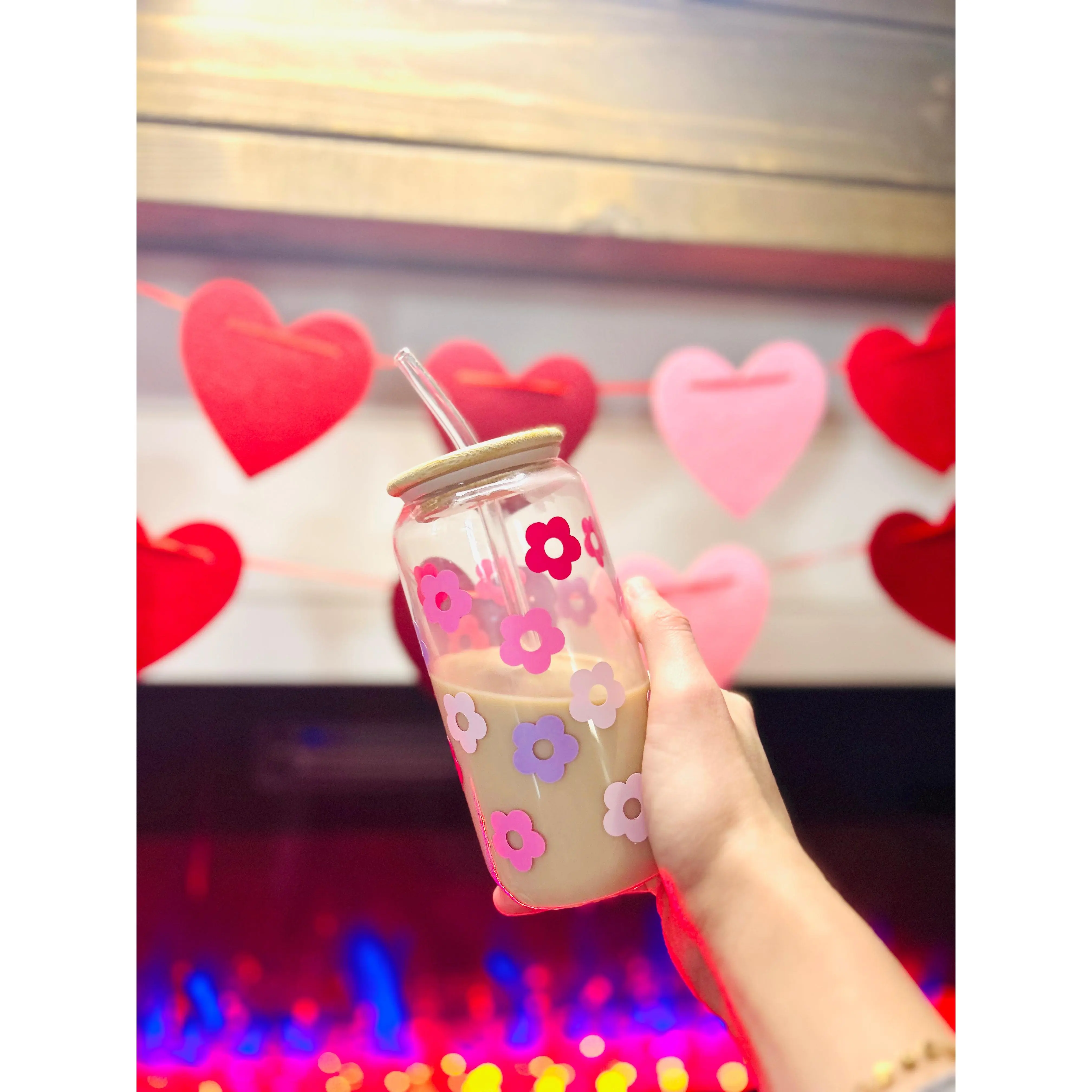 16 Oz Pink Flower Glass Cup