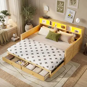 DUXELIFIN Extendable Twin Daybed with Storage Headboard, Charging Station, LED Light, 2 Drawers & Bookcase, Twin-to-Double Convertible Sofa Bed for Kids, Guest Room, Natural/White
