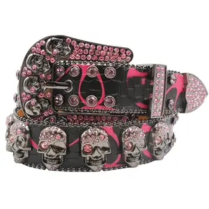 Trendy and trendy punk style women's belt, skull design with rivets and rhinestone inlay, suitable for both men and women, street party clothing accessories, perfect for pairing with jeans