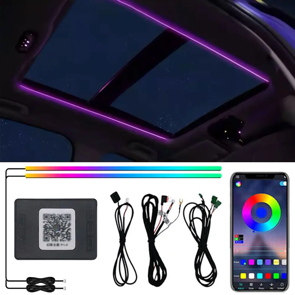 Car Sunroof Ambient Light Kit, DC 12V Universal Panoramic Roof RGB Dream Color LED Strip, Bluetooth LED LAMP App Control, Music Sync, Dimmable Multiple Dynamic Modes, Non‑Destructive Adhesive Installation for Sunroof‑Equipped 12V Vehicles