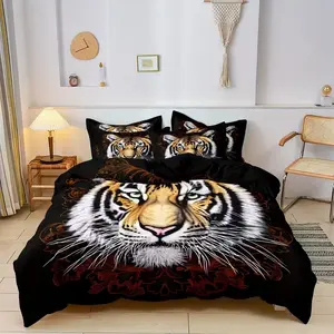 Forest King Tiger Head Bedding Set of 3 pieces, suitable for bedrooms and guest rooms, including 2 pillowcases and 1 duvet cover (unfilled) made of polyester material, suitable for all seasons