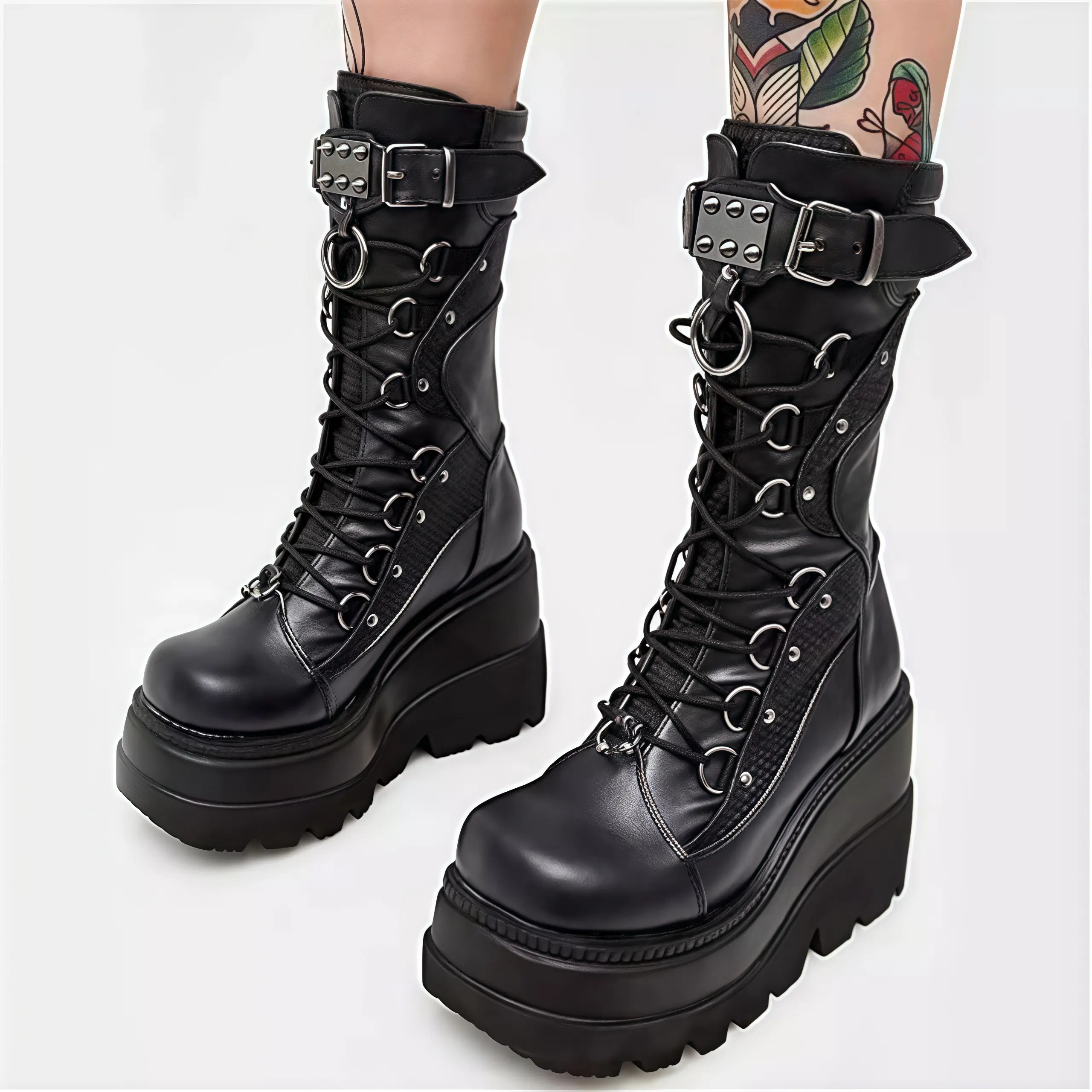 Women's Goth Mid-Calf Platform Combat Booties, Chunky Wedge Heel, Side Zipper, Lace-Up & Buckles, Classic Motorcycle Style Moto Gear for Raves