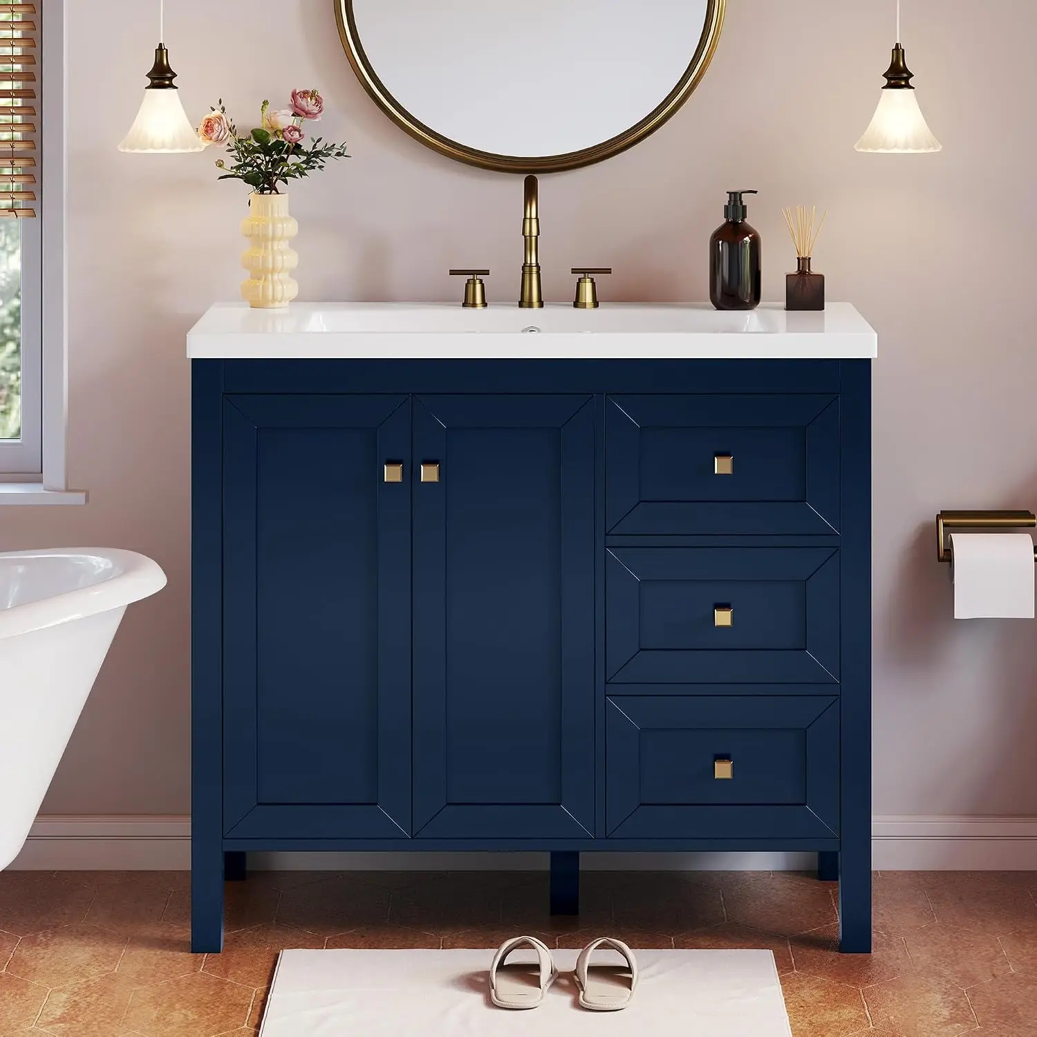 YITAHOME 36" Bathroom Vanity with Sink Set | Vintage Bathroom Cabinet Vanity with Resin Basin, Extra Large Storage with 2 Soft-Closing Doors & 3 Drawers, Navy Blue