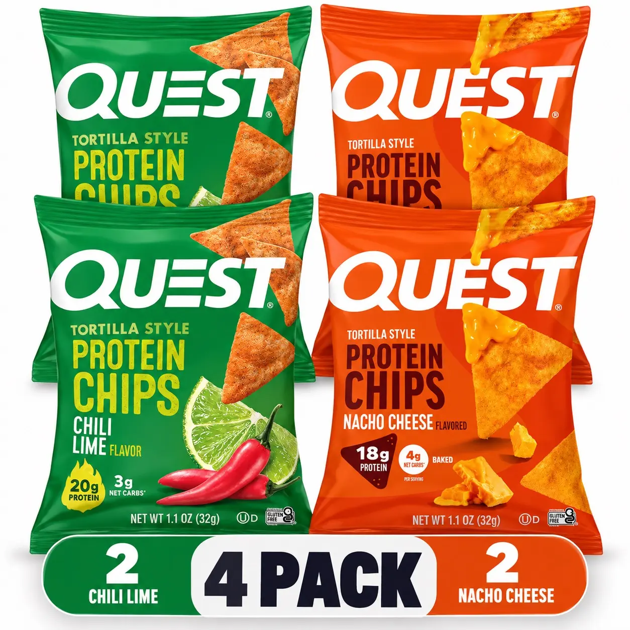 Quest Protein Chips Variety Pack - 4 Crispy Protein Snack Bags (2 Chili Lime, 2 Nacho Cheese)