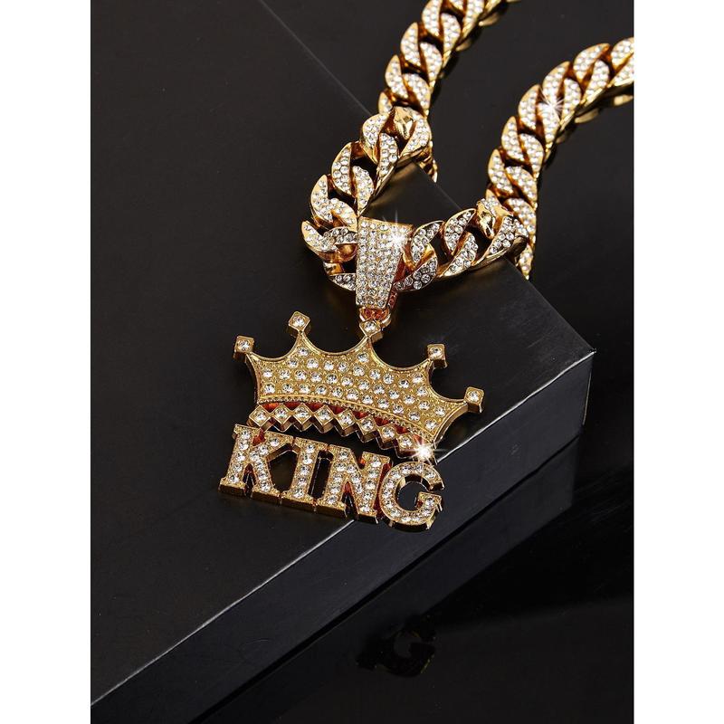 14K Gold Plated King & Crown Pendant with Austrian Rhinestones Miami Cuban Link Chain Italy & Micro Inspired Unisex Hip Hop Necklace for Men & Women Jewelry,Daily Wear, Casual Fashion, Sporty Style, Gift Idea