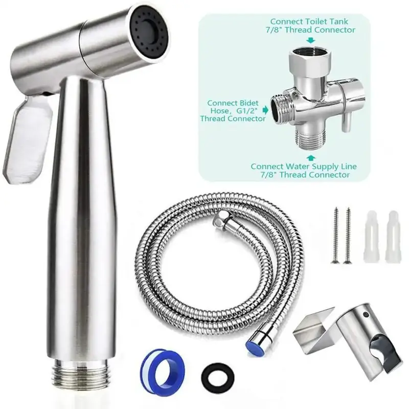 Modern Handheld Bidet Sprayer Kit - 7/8" Rust-Resistant SS304 Stainless Steel Adjustable Pressure Faucet, Hose, Rubber Rings, Teflon Tape, 18 Outlet Holes, Wall/Toilet Mount Water Bidet Attachment for Bathroom Cleaning, Toilet Paper Savings
