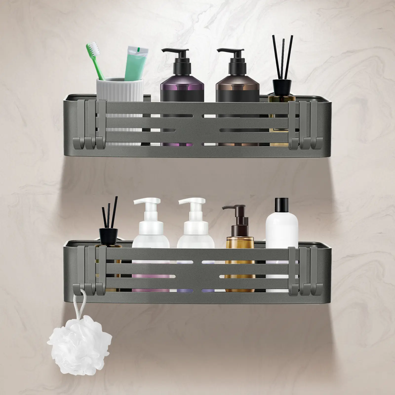 Lekesky Suction Cup Shower Caddy, No Drill Shower Shelf, Aluminum Rust Proof Bathroom Shower Organizer with 12 Hooks (2-Pack