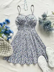 Women's Ditsy Floral Print Cami Sleeveless Dress, Casual Adjustable Spaghetti Strap Fitted A-line Dress for Summer and Everyday, Ladies Clothes for Beach Holiday Vacation, Womenswear