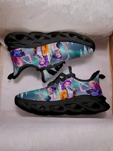 K-Pop Hunter Girl Group Bottom Aurora Ice Theme Kids Casual Sports Shoes, Athletic Sneaker Footwear, Breathable Textile Upper, Unisex, All Seasons