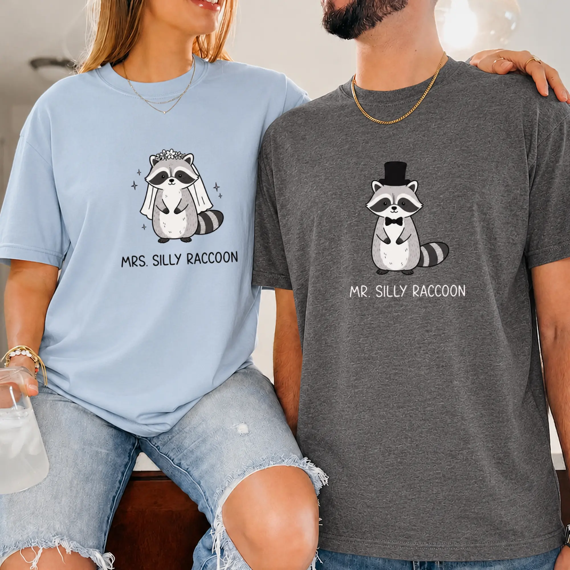 Mr and Mrs Silly Raccoon Couple Shirt, Matching Raccoon Graphic T-Shirt, Cute Bride Groom Animal Top, Wedding Anniversary Outfit, Unisex Men Women Casual Cotton Crew Neck Clothes Everyday
