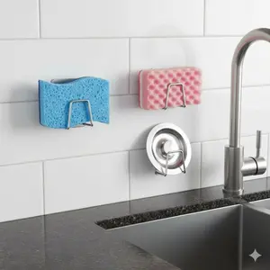 2pcs Stainless Steel Sponge Holder, Strong Adhesive Wall Mount Storage Rack, Waterproof Rustproof Anti-Mold Antibacterial, Dishwasher Safe Easy Install