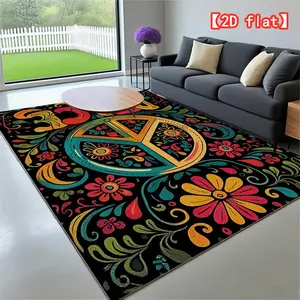 Colorful peace and love-themed patterned rug, Floral washable rug for indoor and outdoor use, machine washable and durable, suitable for patios, balconies, living rooms, easy-to-clean home decor