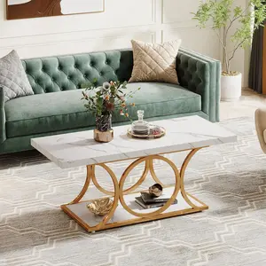 Tribesigns 47.24" Modern Coffee Table with Geometric Metal Legs and Spacious Shelves, Ideal Living Room Furniture, White & Gold / Black & Gold