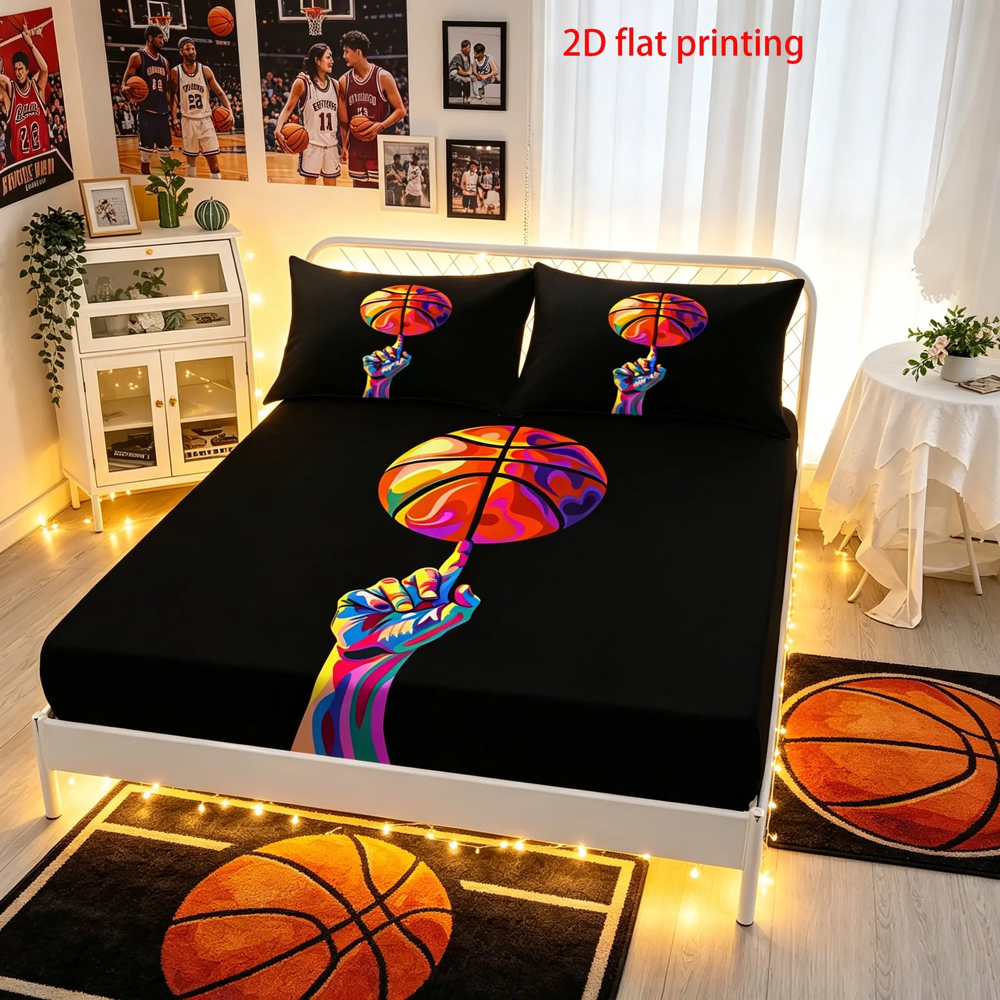 Fingertip basketball! Colorful Pop Style Bedding Sheets Three Piece Set includes 1 bed sheet and 2 pillowcases (unfilled) to create a trendy and sporty bedroom Bed Sets Supplies Cool Bedding Set