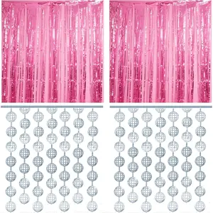4 count Disco Party Decorations - 2 x Disco Ball  Metallic Tinsel Fringe Curtains & 2 x Candy  Backdrops for Birthday Supplies Last Rodeo Bachelorette Wedding Disco Decor