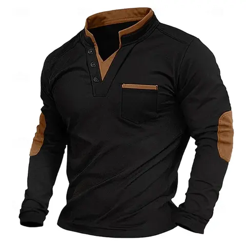 Men's Classic Fitted Faux 2-Piece Layered Long Sleeve Knit Polo Shirt - Brown Elbow Details, Chic Menswear, Suitable for Golf, Business Casual, Spring-Autumn-Winter Wear
