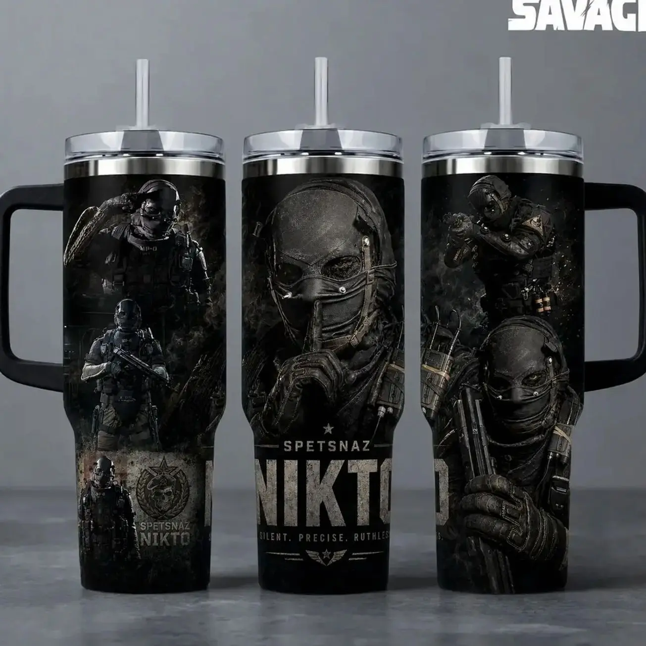 Call of Duty "Nikto - Spetsnaz Silent Precise Ruthless" Gaming Tumbler, 40oz Insulated Travel Mug with Handle. Military Tactical Operator Graphic Merch, Perfect Gift for COD Fans