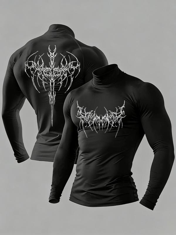 Y2K Cyber Goth Compression Shirt Men | High Neck Quick-Dry Long Sleeve | Gym Workout & Streetwear | Moisture-Wicking Performance Top with Metal Band-Inspired Graphic | Edgy Aesthetic Fitness Wear Compression Workout Shirts