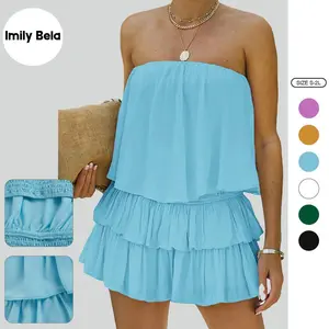 Imily Bela Women's Summer Style Off-The-Shoulder Smocked Romper - Fitted Flowy Strapless Cutout Jumpsuit with Earring Complement