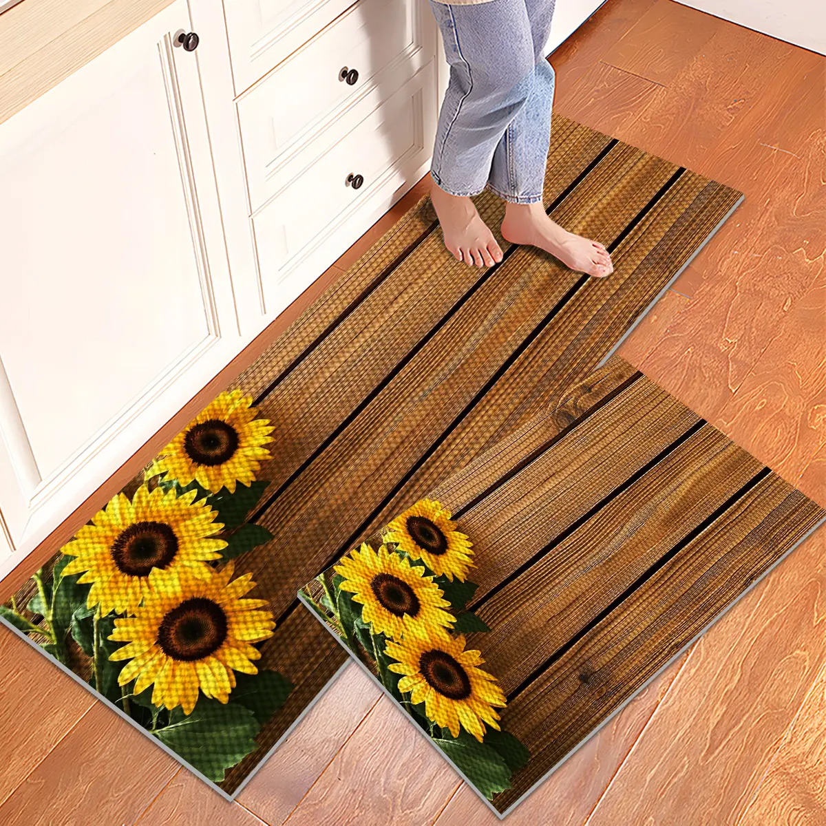 1/2/3PCS Farmhouse Kitchen Rugs Set,Compact Sunflower Wooden Grain Decor Floor Mats,Non Slip Washable Durable Stain Resistant Print Kitchen Runner Rug 16"X24"/20"X32"/20"X47"