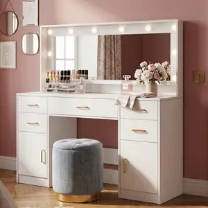 TOKSOM Vanity with Lighted Mirror Makeup Desk 10 LED Bulbs 3 Lighting Modes Adjustable Brightness 5 Drawers and 2 Door Cabinets Bedroom White Large Dreeser Without Stool