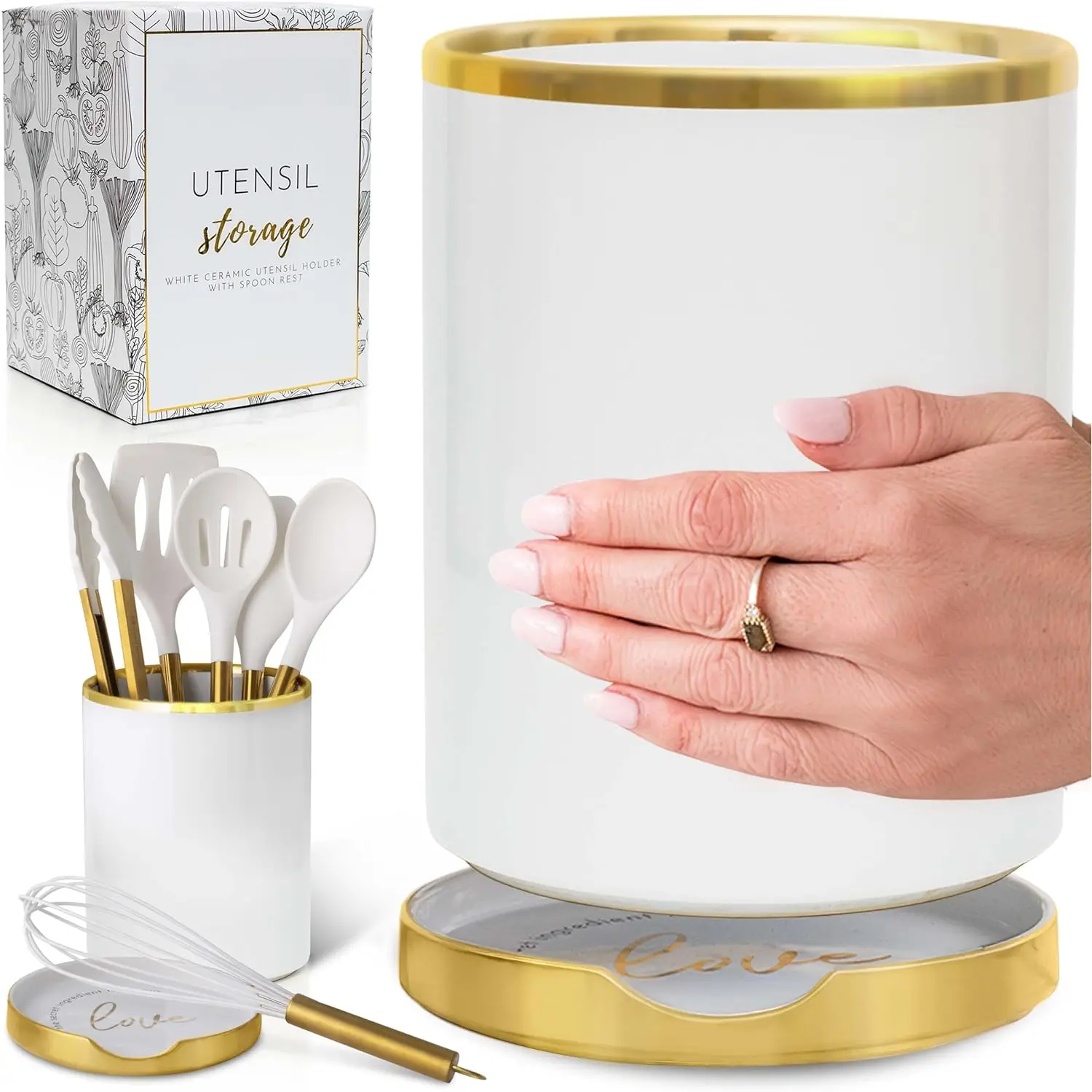 Large-Size Sturdy Modern Synthetic Tableware & Cutlery Storage Holder Set, Space-Saving Kitchen Organizer with Built-In Ceramic Spoon Rest, Detachable Drip Tray with Drain Holes, White (Black & White Option, Utensils Not Included)