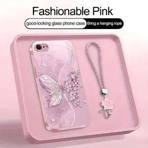 Fairycore Butterfly Phone Case – Elegant Floral Pearl Cover with Lanyard for iPhone SE (2nd–9th generation)