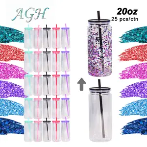 AGH 10/25pcs 20oz Snow Globe Acrylic Tumbler Cans Double Wall Plastic Cups with Lids & Straws for DIY Drinkware Washable Reusable Portable Mug Bottled Halloween