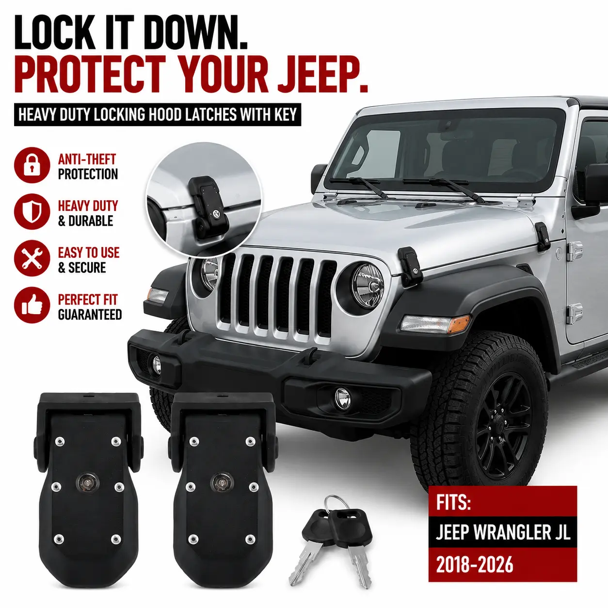 ABS+Steel Heavy Duty Locking Hood Latches with Key, Anti-Theft Replacement Catch for Jeep Wrangler JL/JT 2018-2026, Silver, Factory Mounts Compatible, Hood Flutter Fix, Daily/Trail Use, Jl/Jt Fitting