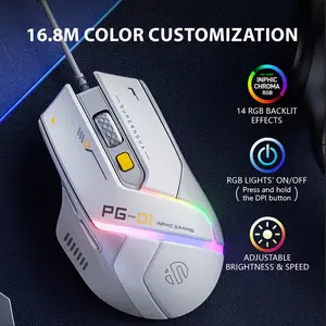 1pc INPHIC PG1 Wired Gaming Mouse, Ergonomic Design, Macro Programming, RGB Backlit, Optical Tracking, USB Plug-in, Windows 10 Compatible, Right-Handed, Plastic, No Battery Required