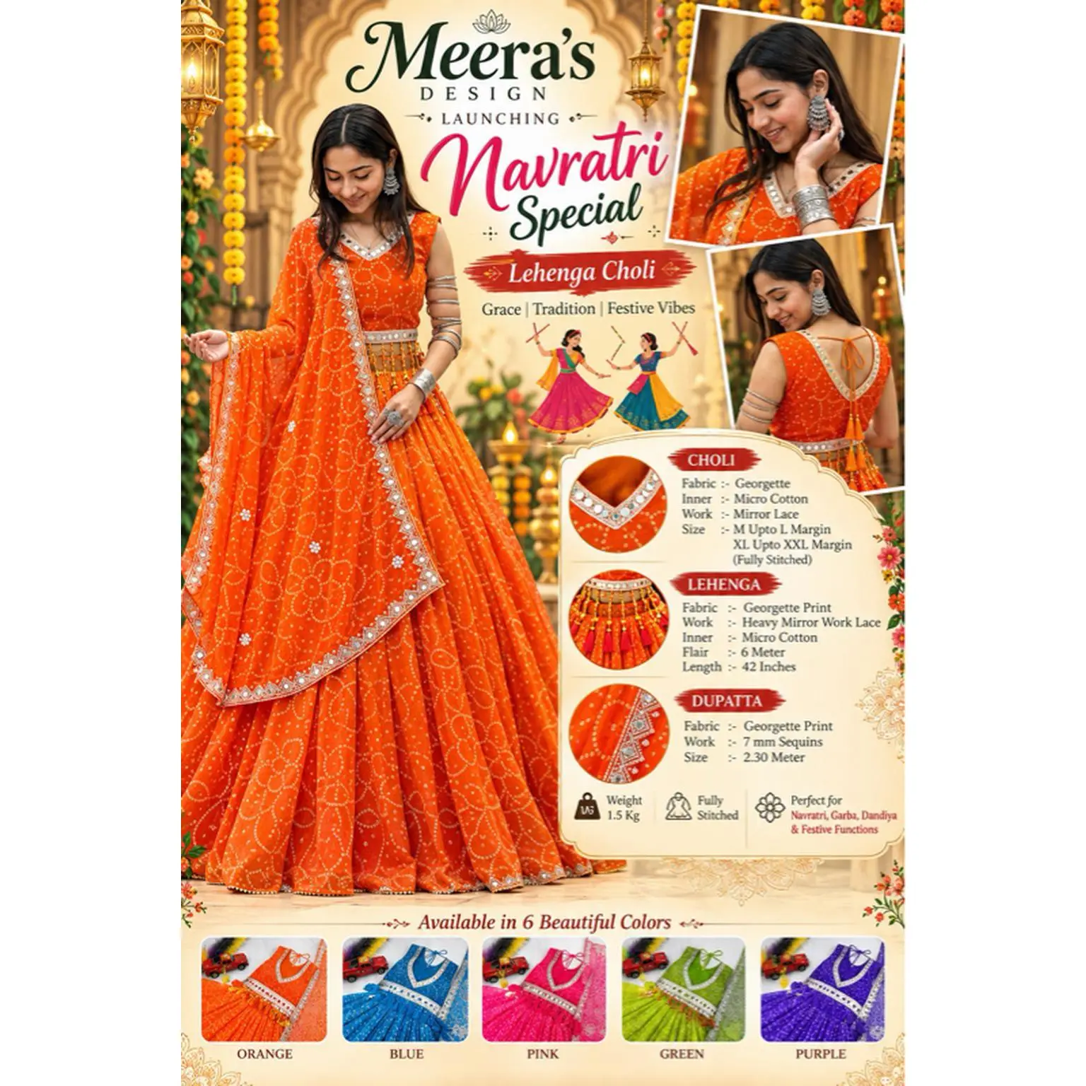 Meera's Design Navratri Special Lehenga Choli Set in Orange with Georgette Print & Heavy Mirror Work Lace for Festive Vibes