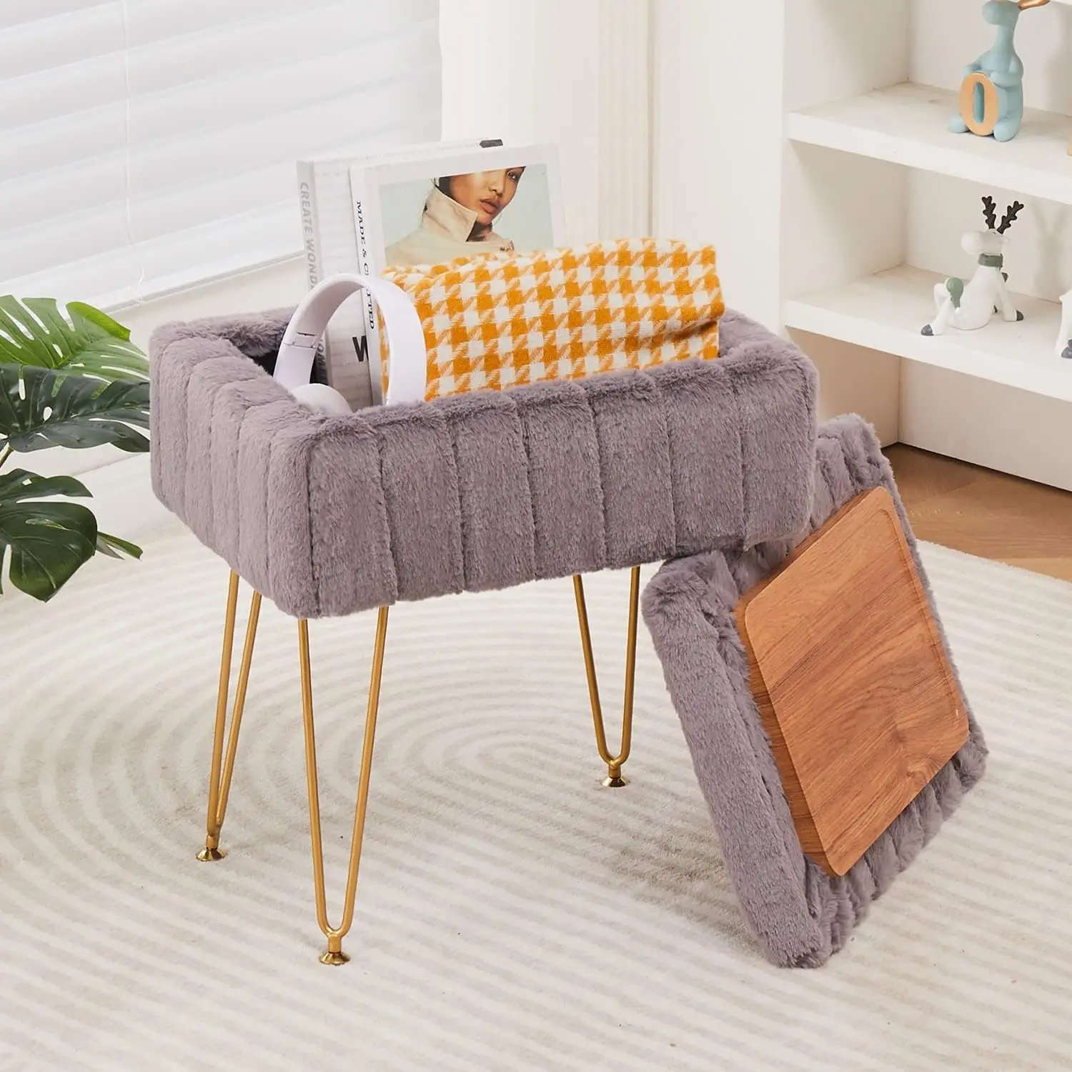 Faux   Storage Ottoman, Modern Soft Footstool, Storage Bench with Metal , Vanity Seat,  Stool, Ottoman Coffee Table, Makeup Chair, Vanity Stools for Bedroom (Grey)