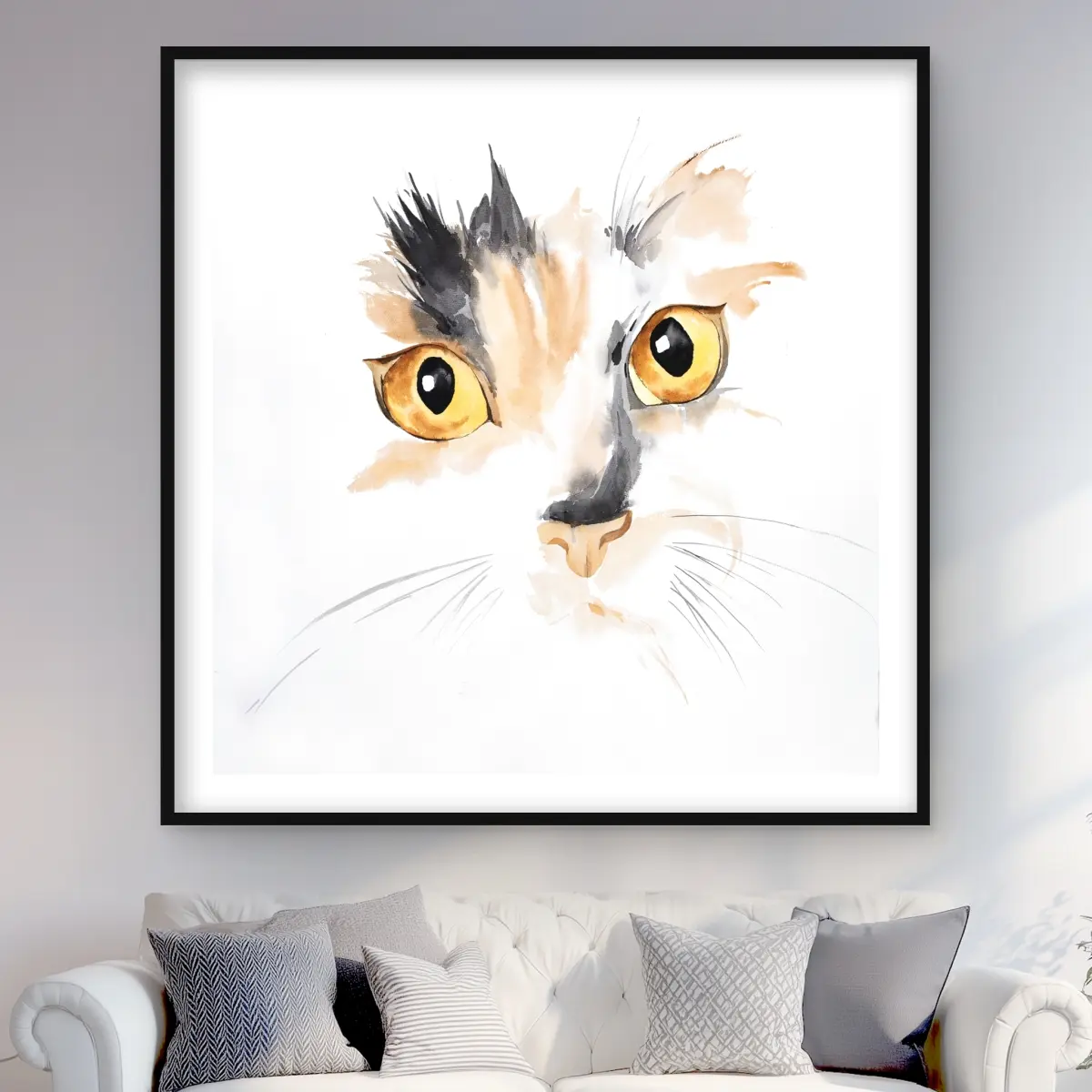 Begin Home Decor C1FM4848LI8ZIU 48 x 48 in. Watercolor Cat Face Closeup - Orange Bedroom Framed Print Wall Art