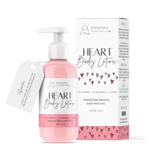 Positive Intent Beauty, Heart Lotion with Affirmation Card, Strawberry, Amber, with Plant Botanicals, Shea Butter, Vitamins to Nourish, and Soften Skin, Aromatherapy, 8oz Body Care Calming Aloe Rosemary Vegan Moisturizing Cream Scent Comfort Skin Repair