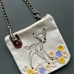 Handmade Bambi Crossbody Bag 6 inch White Denim with 3D Vegan Leather Flowers and Silver Chain